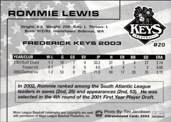 2003 Grandstand Frederick Keys #NNO Rommie Lewis Back