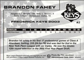 2003 Grandstand Frederick Keys #NNO Brandon Fahey Back