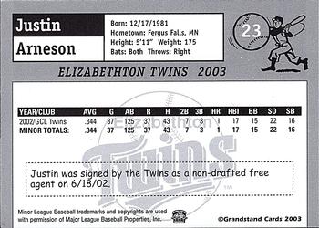 2003 Grandstand Elizabethton Twins #NNO Justin Arneson Back