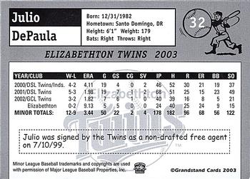 2003 Grandstand Elizabethton Twins #NNO Julio DePaula Back