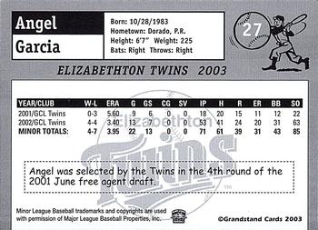 2003 Grandstand Elizabethton Twins #NNO Angel Garcia Back