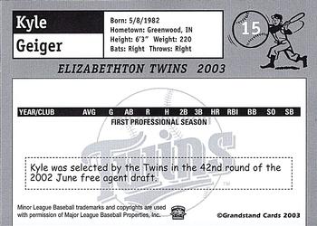 2003 Grandstand Elizabethton Twins #NNO Kyle Geiger Back