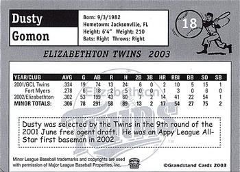 2003 Grandstand Elizabethton Twins #NNO Dusty Gomon Back