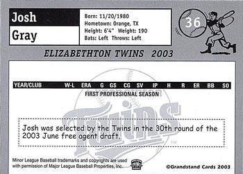 2003 Grandstand Elizabethton Twins #NNO Josh Gray Back