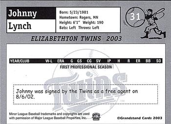 2003 Grandstand Elizabethton Twins #NNO Johnny Lynch Back