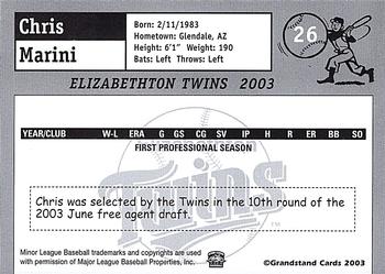 2003 Grandstand Elizabethton Twins #NNO Chris Marini Back