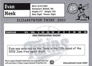 2003 Grandstand Elizabethton Twins #NNO Evan Meek Back