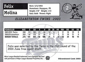 2003 Grandstand Elizabethton Twins #NNO Felix Molina Back
