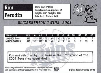 2003 Grandstand Elizabethton Twins #NNO Ron Perodin Back