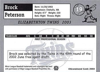 2003 Grandstand Elizabethton Twins #NNO Brock Peterson Back