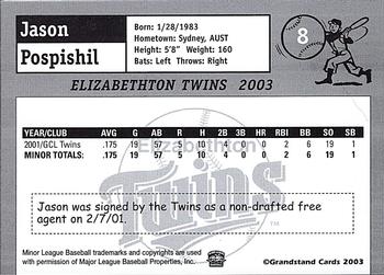 2003 Grandstand Elizabethton Twins #NNO Jason Pospishil Back