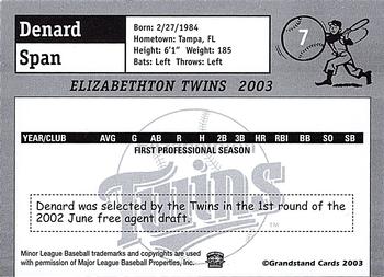 2003 Grandstand Elizabethton Twins #NNO Denard Span Back