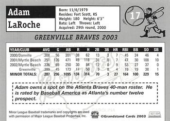 2003 Grandstand Greenville Braves #NNO Adam LaRoche Back