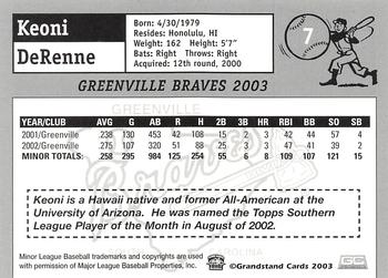 2003 Grandstand Greenville Braves #NNO Keoni DeRenne Back