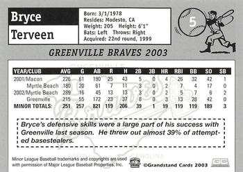 2003 Grandstand Greenville Braves #NNO Bryce Terveen Back