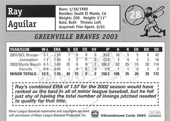 2003 Grandstand Greenville Braves #NNO Ray Aguilar Back