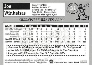 2003 Grandstand Greenville Braves #NNO Joe Winkelsas Back
