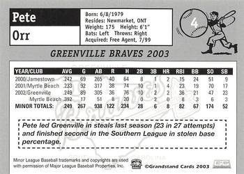 2003 Grandstand Greenville Braves #NNO Pete Orr Back