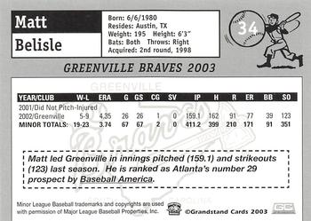 2003 Grandstand Greenville Braves #NNO Matt Belisle Back