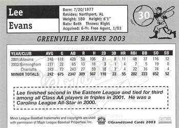 2003 Grandstand Greenville Braves #NNO Lee Evans Back