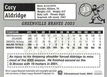 2003 Grandstand Greenville Braves #NNO Cory Aldridge Back