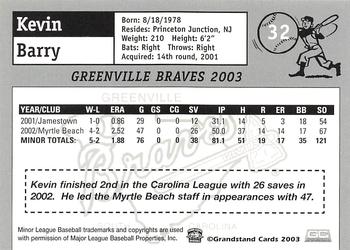 2003 Grandstand Greenville Braves #NNO Kevin Barry Back