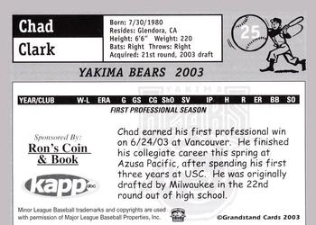 2003 Grandstand Yakima Bears #NNO Chad Clark Back