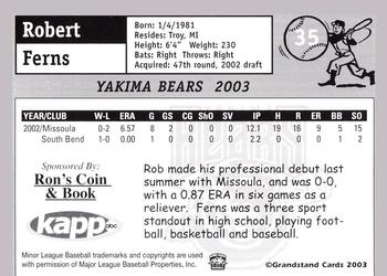 2003 Grandstand Yakima Bears #NNO Robert Ferns Back