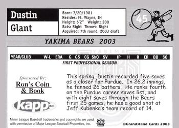 2003 Grandstand Yakima Bears #NNO Dustin Glant Back