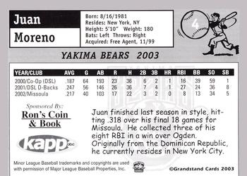 2003 Grandstand Yakima Bears #NNO Juan J. Moreno Back