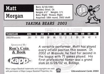 2003 Grandstand Yakima Bears #NNO Matt Morgan Back