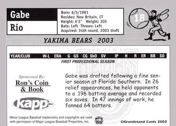 2003 Grandstand Yakima Bears #NNO Gabe Rio Back