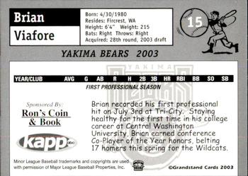 2003 Grandstand Yakima Bears #NNO Brian Viafore Back