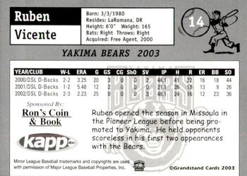 2003 Grandstand Yakima Bears #NNO Ruben Vicente Back