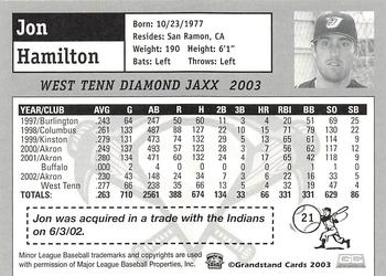 2003 Grandstand West Tenn Diamond Jaxx #NNO Jon Hamilton Back