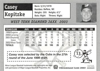 2003 Grandstand West Tenn Diamond Jaxx #NNO Casey Kopitzke Back
