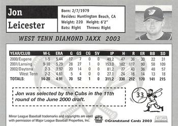 2003 Grandstand West Tenn Diamond Jaxx #NNO Jon Leicester Back