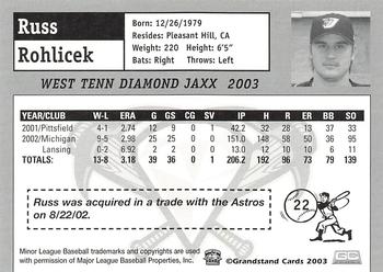 2003 Grandstand West Tenn Diamond Jaxx #NNO Russ Rohlicek Back