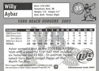 2003 Grandstand Vero Beach Dodgers #1 Willy Aybar Back
