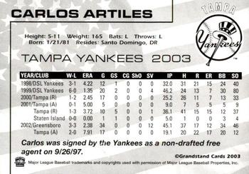 2003 Grandstand Tampa Yankees #NNO Carlos Artiles Back