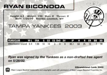 2003 Grandstand Tampa Yankees #NNO Ryan Bicondoa Back