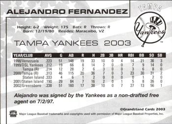 2003 Grandstand Tampa Yankees #NNO Alejandro Fernandez Back