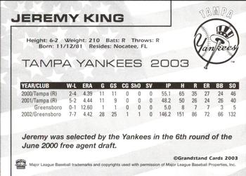 2003 Grandstand Tampa Yankees #NNO Jeremy King Back