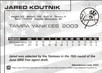 2003 Grandstand Tampa Yankees #NNO Jared Koutnik Back