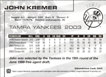 2003 Grandstand Tampa Yankees #NNO John Kremer Back
