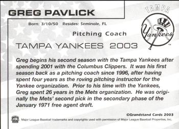 2003 Grandstand Tampa Yankees #NNO Greg Pavlick Back