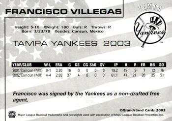 2003 Grandstand Tampa Yankees #NNO Francisco Villegas Back
