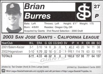 2003 Grandstand San Jose Giants #27 Brian Burres Back