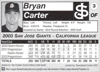 2003 Grandstand San Jose Giants #3 Bryan Carter Back