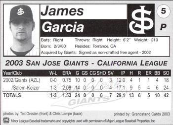 2003 Grandstand San Jose Giants #5 James Garcia Back